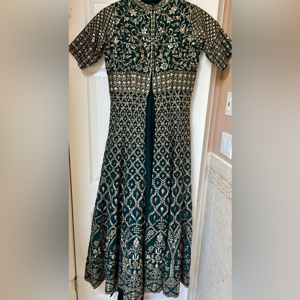 Women’s Emerald Green Mirror Work Anarkali Empire Waist Jacket Palazzo Set